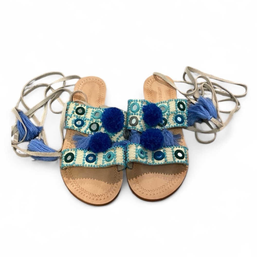 Antik Batik Lace Up Women Sandals Blue 37 Pom Pom